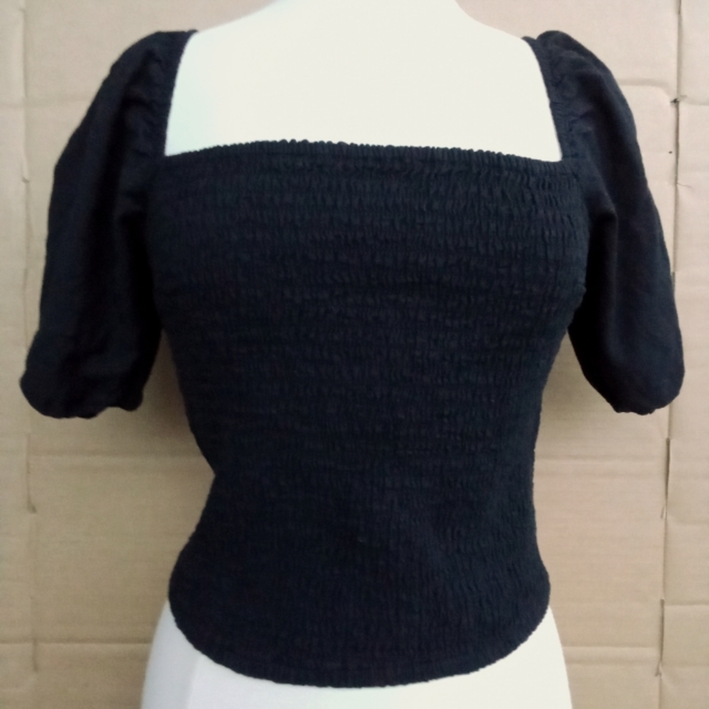 Abercrombie & Fitch Top Blouse Off Shoulder Cropped Ruched Puff Sleeve Black L